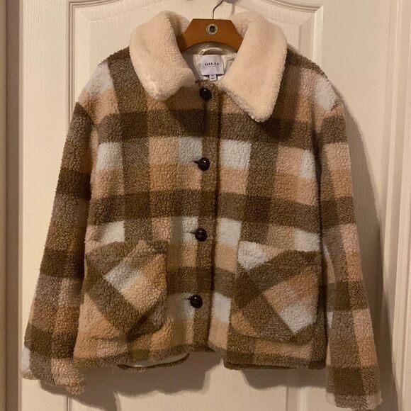 Gilli Women’s Plaid Brown and Cream Teddy Jacket Size Medium NWOT - Picture 1 of 8